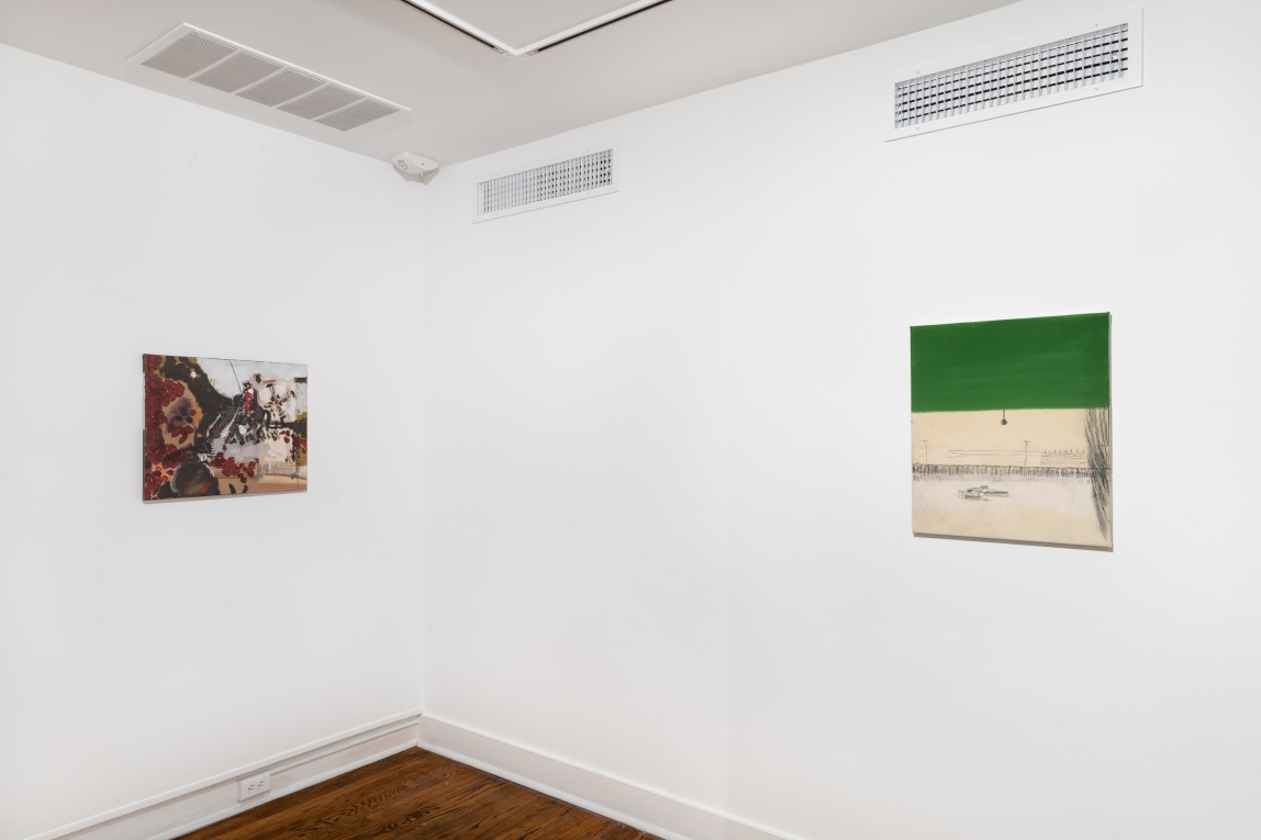 Installation view of two paintings hanging on adjoining walls