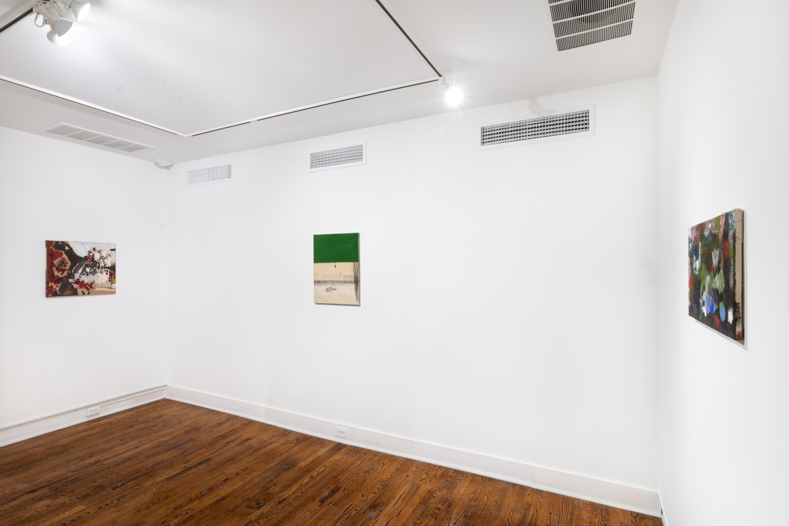 Installation view of three paintings hanging on three walls