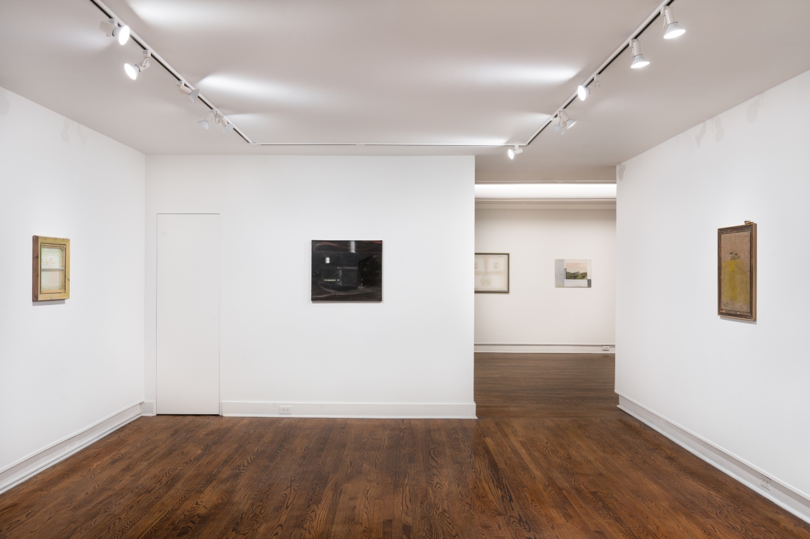 Installation view of paintings across two galleries