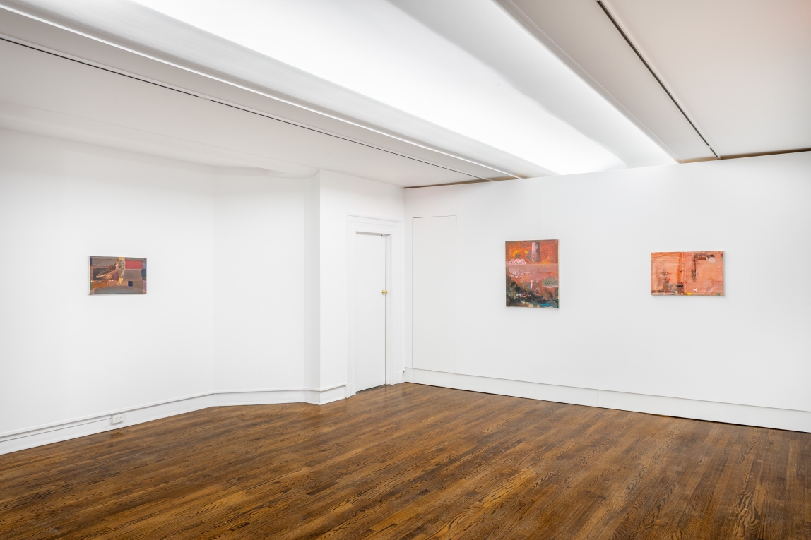 Installation view of a painting to the left and two paintings on wall to right
