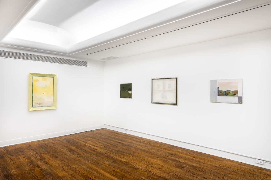 Installation view of four paintings, one to the left and three on the right adjoining wall