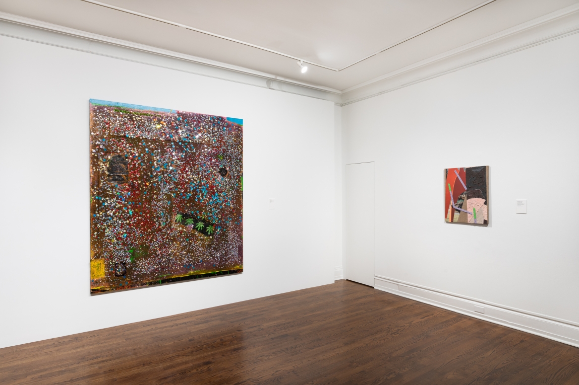 Installation view of a large glittery painting and a smaller mixed media painting on adjoining wall
