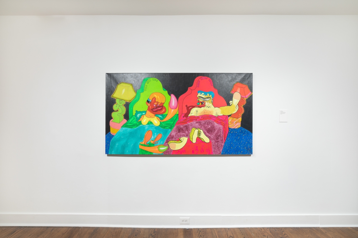 Installation view of neon painting depicting two figures in beds