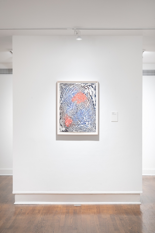 Installation view of framed work with overlaying lines