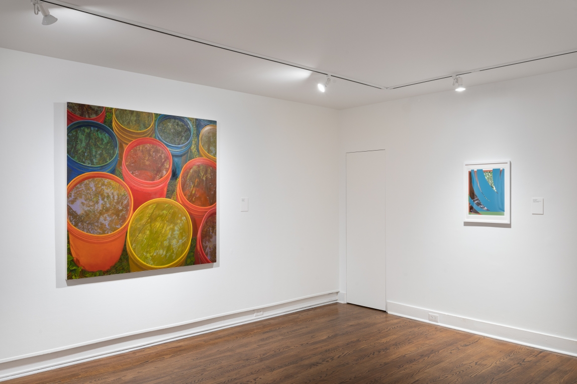 Installation view of two works, one large and one smaller on adjoining walls