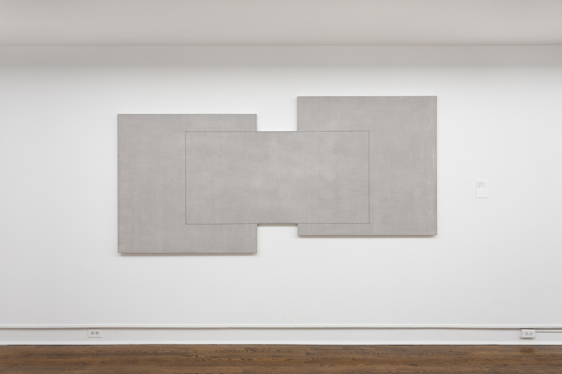 Installation view of large grey painting in shape of two squares bridged by rectangle