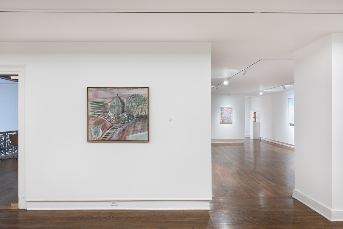 Installation view of painting of building amidst landscape
