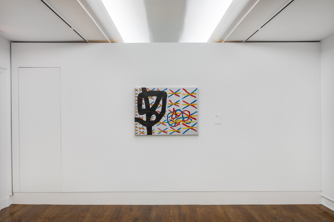 Installation view of a silver painting with lines and x's