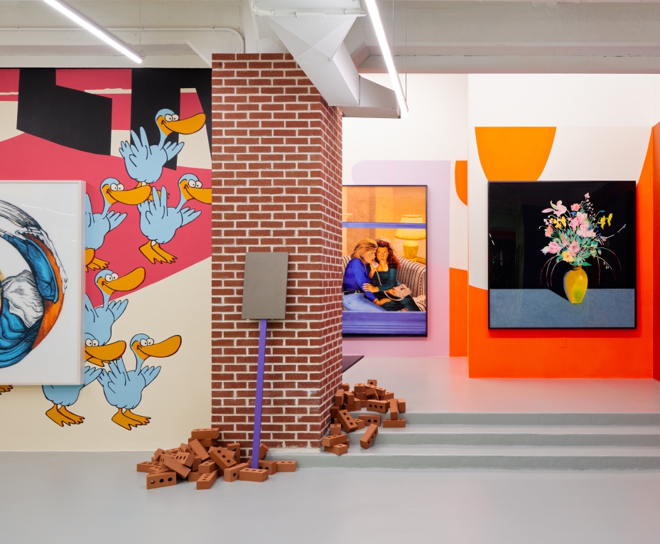 Installation view of three large paintings on three different walls/visual plains