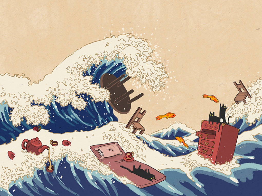 An image inspired by the famous image, The Great Wave off Kanagawa. In the wave, several pieces of furniture including a dresser, a table, chairs and a sleeping mat are suspended in the waves. Several black cats are sitting on the furniture and Koi are visible leaping from the waves.
