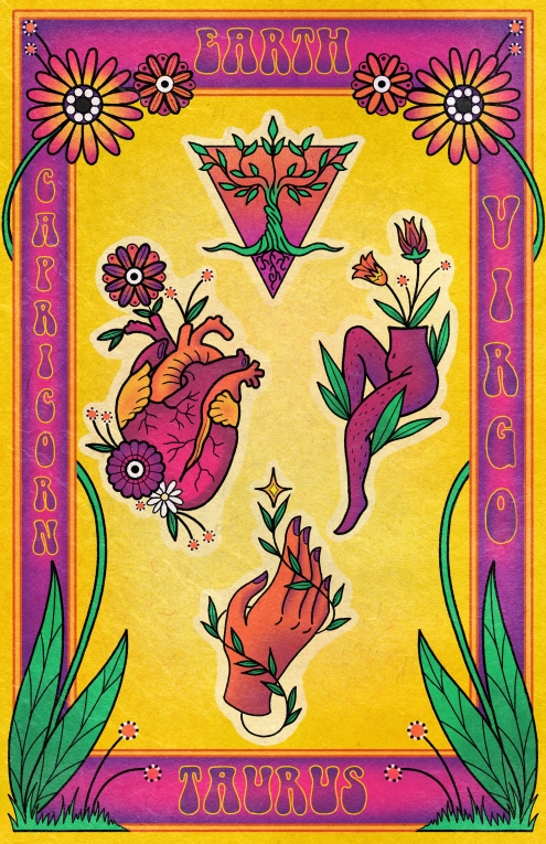 A card design featuring illustrations for each of the astrological earth signs. Clockwise from the top of the card, the border features text in a purple, funky and bubbly font that reads “Earth”, Virgo, Taurus, and Capricorn. 