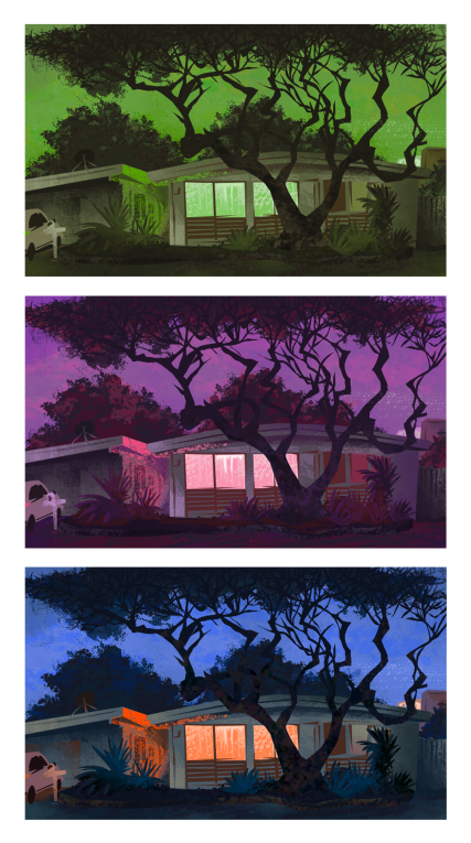 Three panels depicting the same scene: a small, one-story house with a big tree out front and a car parked in front of it’s detached garage. Each panel is in a different color scheme, from top to bottom: Green, magenta and blue.