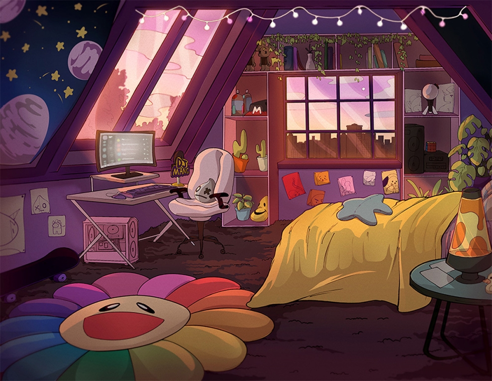 Looking into a bedroom with an a-frame ceiling and slanted windows. The room is small but decorated densely. There is a happy rainbow sunflower rug, a lava lamp, a gaming chair, fairy lights and other playful decor in the room.