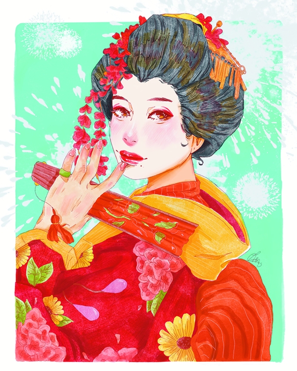 A portrait of a person styled like a japanese geisha in a bright orange kimono with hair accessories. The subject is looking over their shoulder and holds a paper fan. 