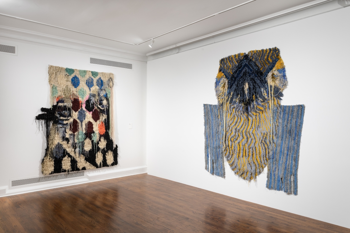 Installation view of two large multi-colored tufted fiber artworks hanging on adjoining walls