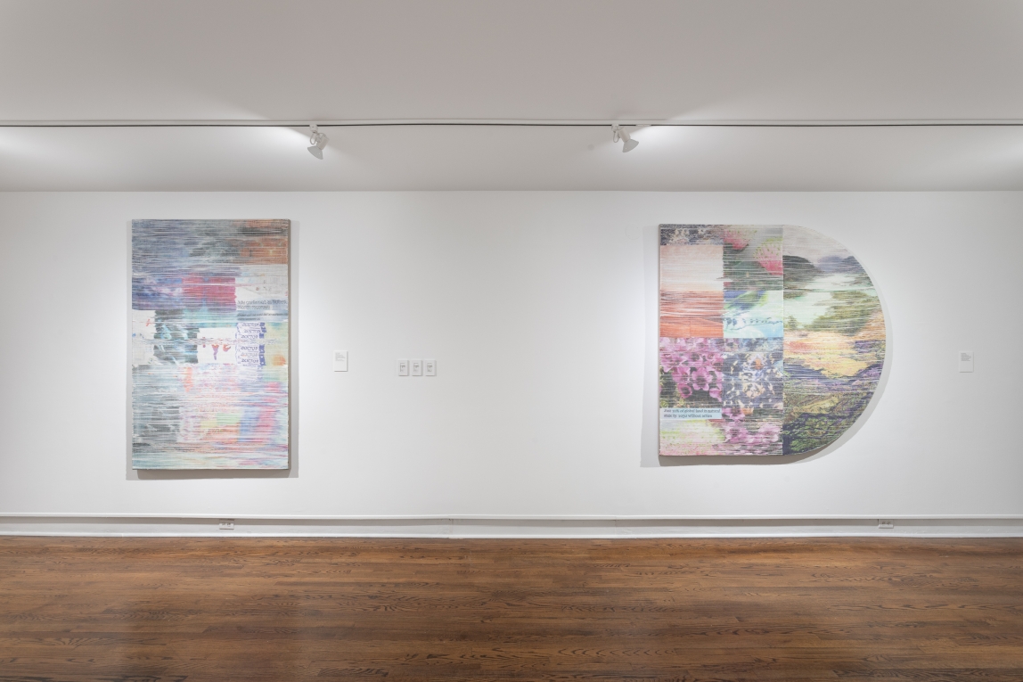 Installation view of two woven artworks, one rectangle, another half circle shaped hanging in a wall