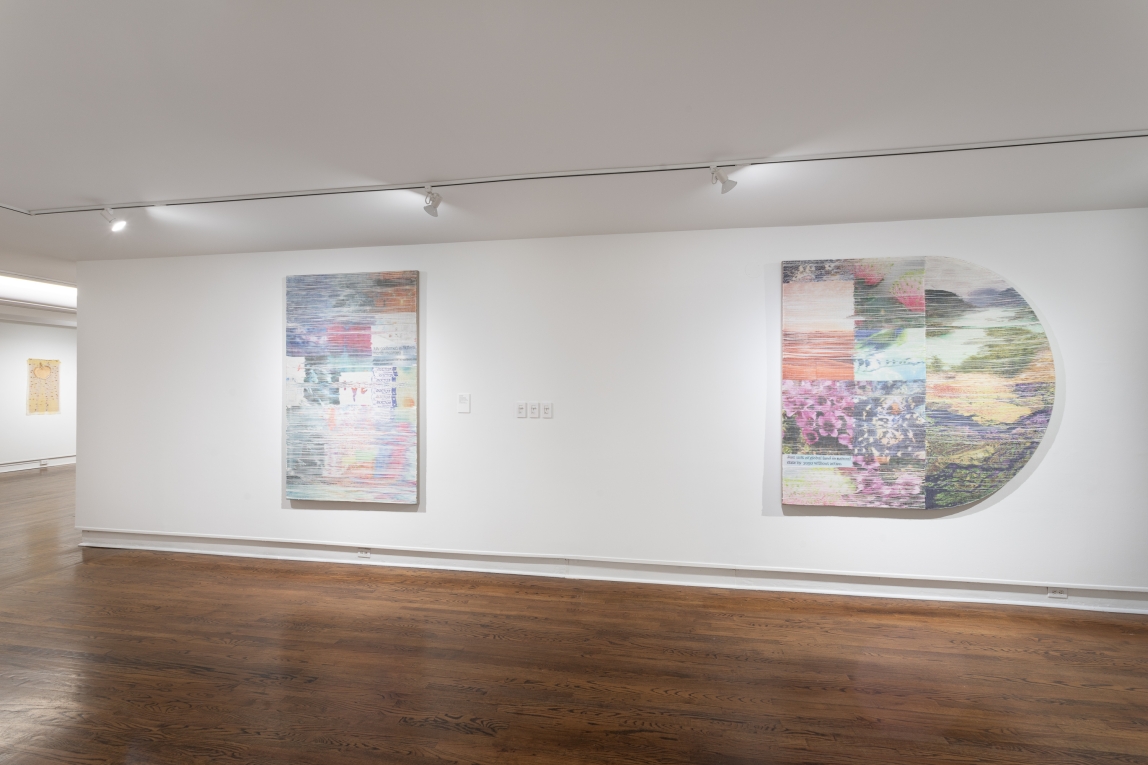 Installation view of two woven artworks on a wall, one rectangle, the other a round shape