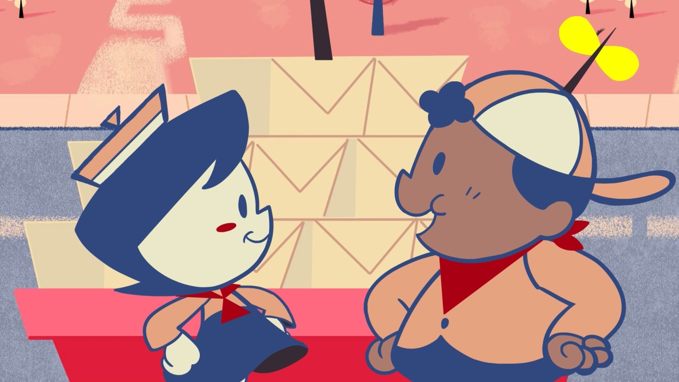 Still from Morning Meating depicting two highly stylized cartoon characters with hands on their hits speaking to each other. the image is rendered in peachy, pink, and creamy tones, with accents of blue and crimson. 