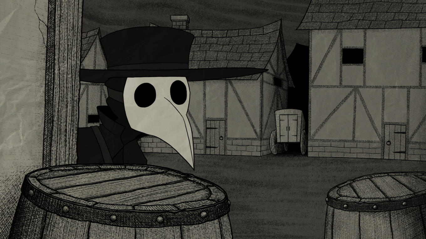 A still from animated film We All Fall, depicting a cartoonish black and white village street scene with barrels in the foreground. a character in traditional plague doctor garb is poking their head out from behind a wall.