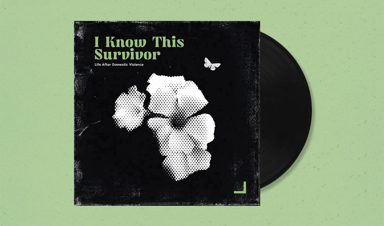a worn black 12 inch album cover with a black vinyl poking out at the right. the record sleeve has a cluster of white flowers with a diminutive moth off toward the right. i know this survivor is written in the top left in an elegant sloped font in a pale green. the background of the image is the same green. 