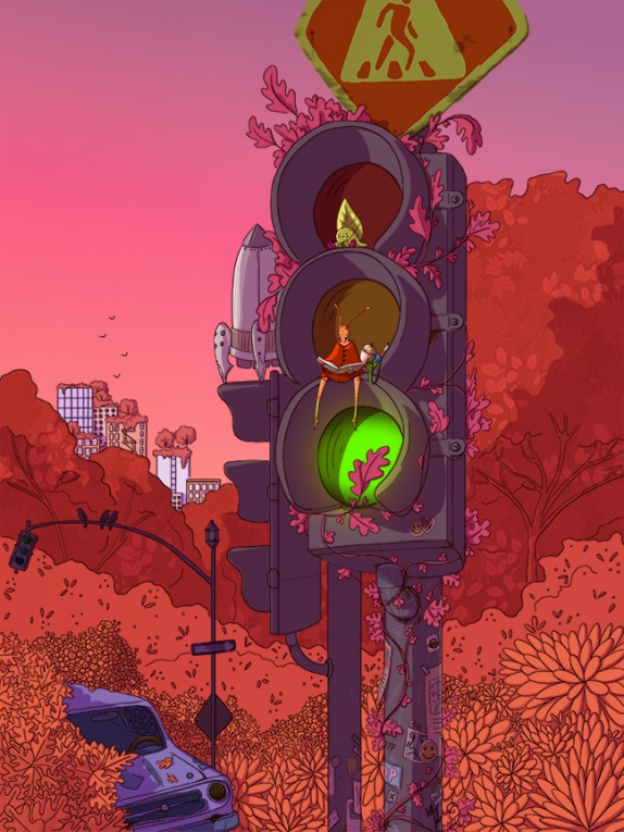 a digital illustration of an overgrown cityscape with a traffic light taking up the majority of the image. a small rocket ship and insect like humanoid figure are sitting on the traffic light's light hoods. the lower light glows green. the plant life around of the scene is entirely red or orange or pink. 