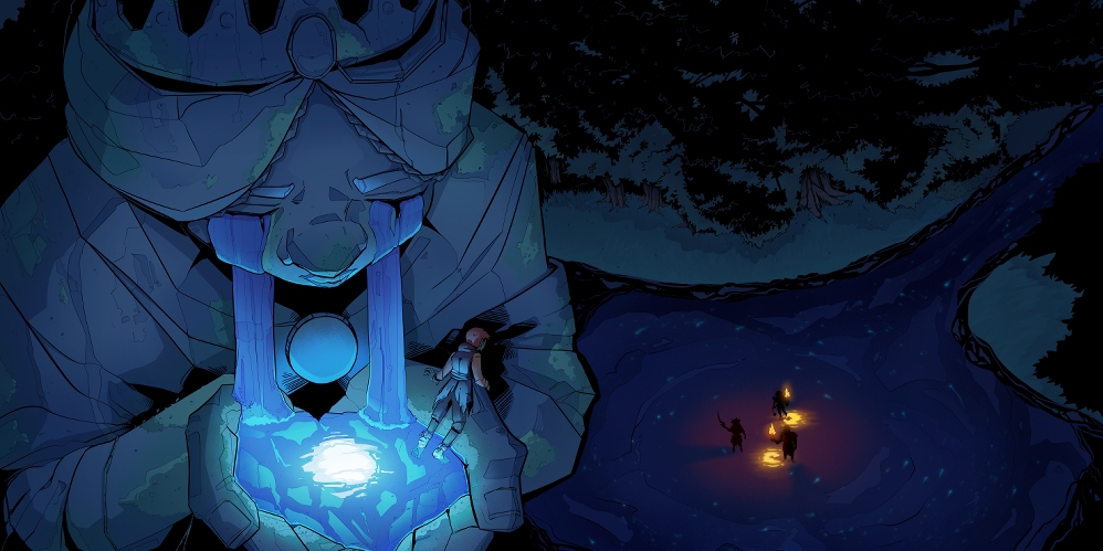 digital illustration of an overview of a fantasy setting, with the most prominent element being a massive sculpture of a royal figure in a crown with cupped hands. glowing water powers from the statue's eyes into the cupped hands, wher a character is lying and looking far down below where three warrior figures are wading through water with torches lit. 