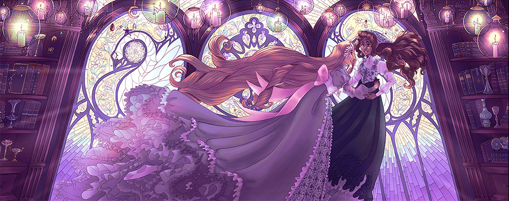an illustration in which two people dive into an airy embrace, floating toward each other with their immensely long hair and dresses billowing around them. they are in a magical study room, immediately before a three-paneled stained glass window with beautiful crystalline patterning. lit candles gloat ing glass bubbles all along the top of the image. 