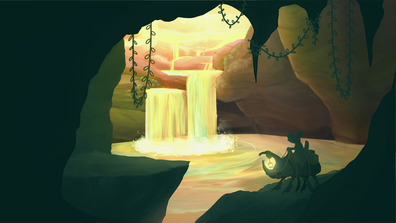 a digital illustration of a cave, with cave walls in dark in the foreground as light streams in over water falls into a cave pool in the background. along the closer cliff, a person rides a large rhinoceros beetle with a lantern hanging from its horn. 