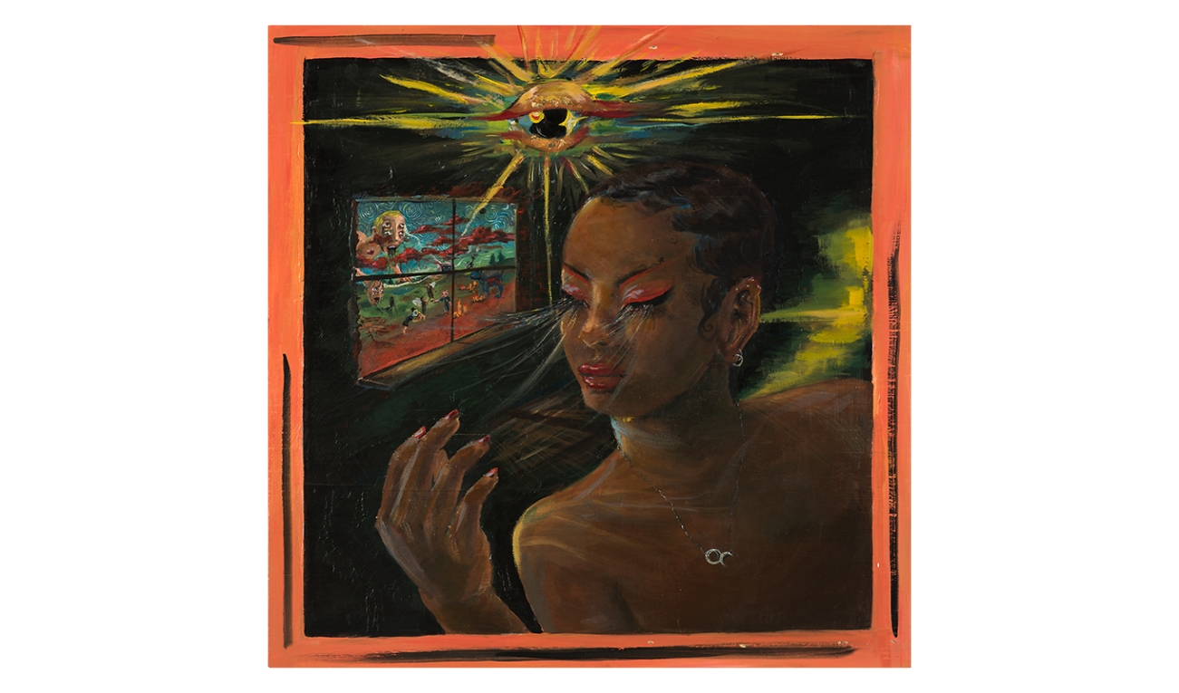 a painted artwork wrapped with an orange framing, depicting a person with closed eyes with red makeup holding a hand aloft in a dark room. above the person, a gleaming all-seeing eyes radiate light sparkles like a star. 