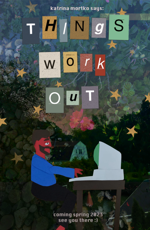 poster for animated film Things Work Out. across a dreamy floral pattern are. scattered cut-out yellow stars and collage-like letters spelling out Things Work Out with each letter in a different style on different bits of paper. a person sits at a computer in profile in a simple paper cut-out style.  