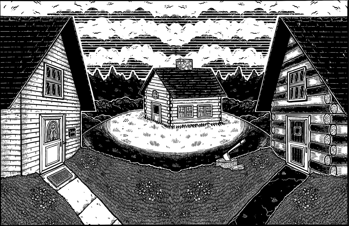 black and white illustration of three cabins with a central log cabin-style one in the distance resting on a leafy hillock and two darker closer cabins facing each other in mirrored fashion. the left hand one is lighter with a white walkway and door mat, the right one is darker with a black walkway and an axe in a stump outside. 