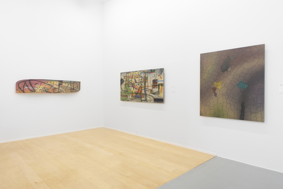 Installation image of three paintings hung on adjoining walls