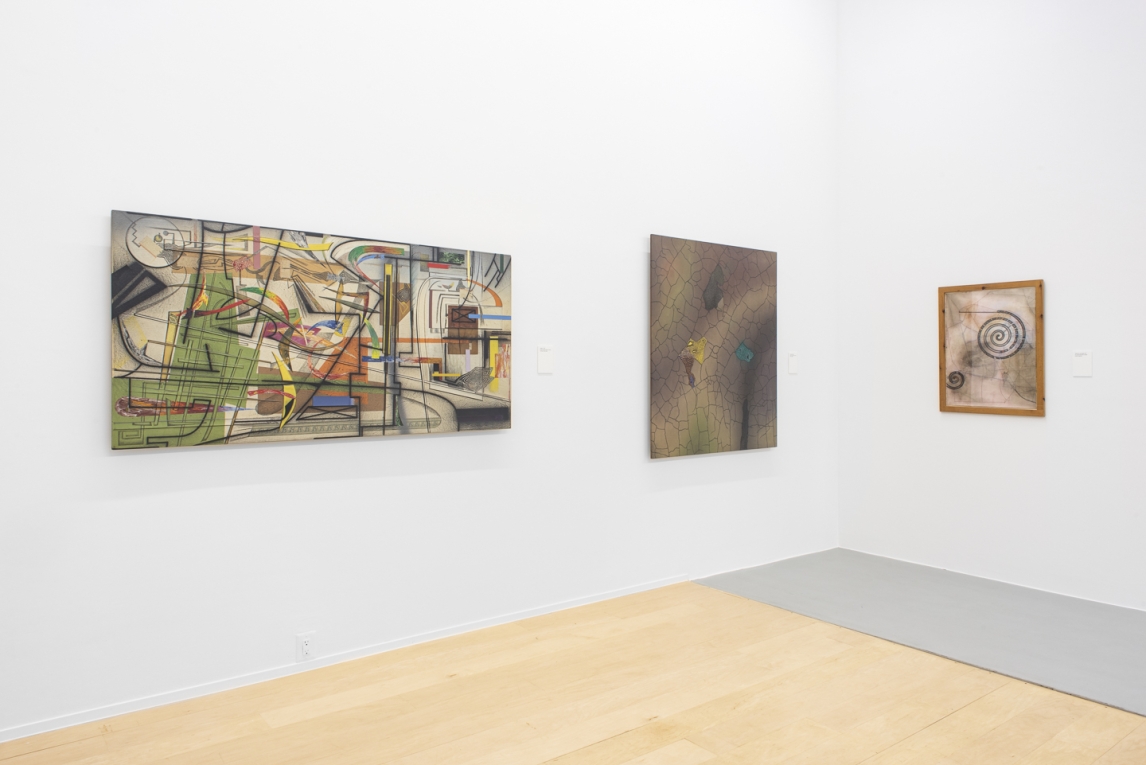 Installation image oof three different paintings hanging on adjoining walls