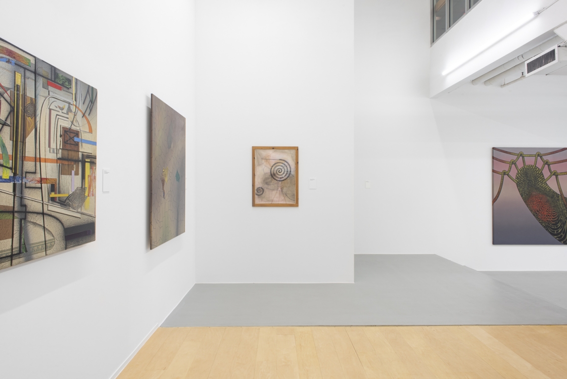 Installation image of three painting on left and part of a larger painting on right