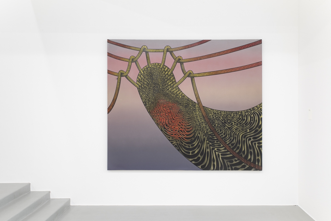 Installation image of large painting with rope imagery and repeating line work