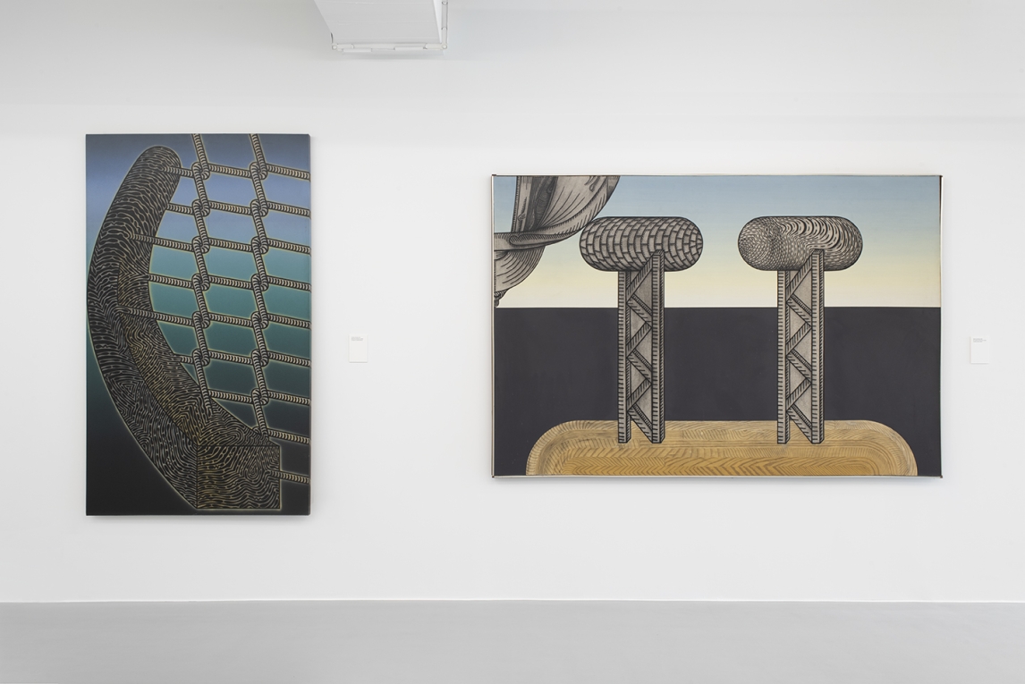 Image of two large paintings displayed next to one another, with industrial and rope motifs