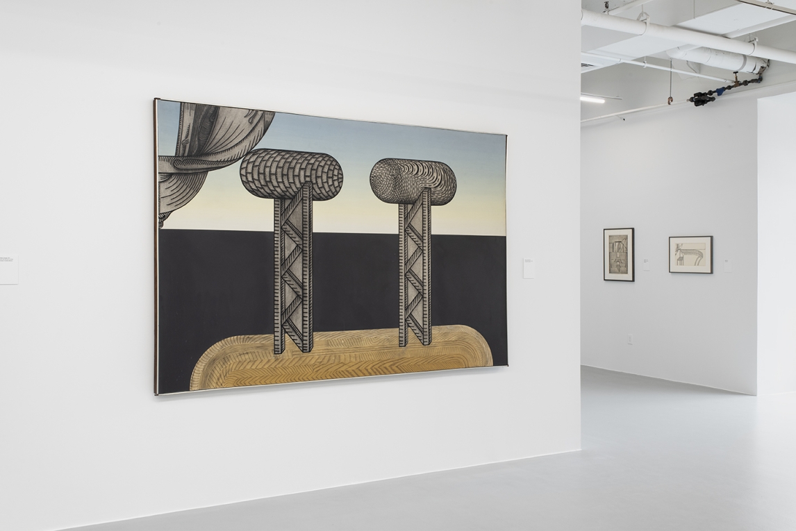 Installation image with large industrial image painting in foreground and smaller black and white works hanging in background