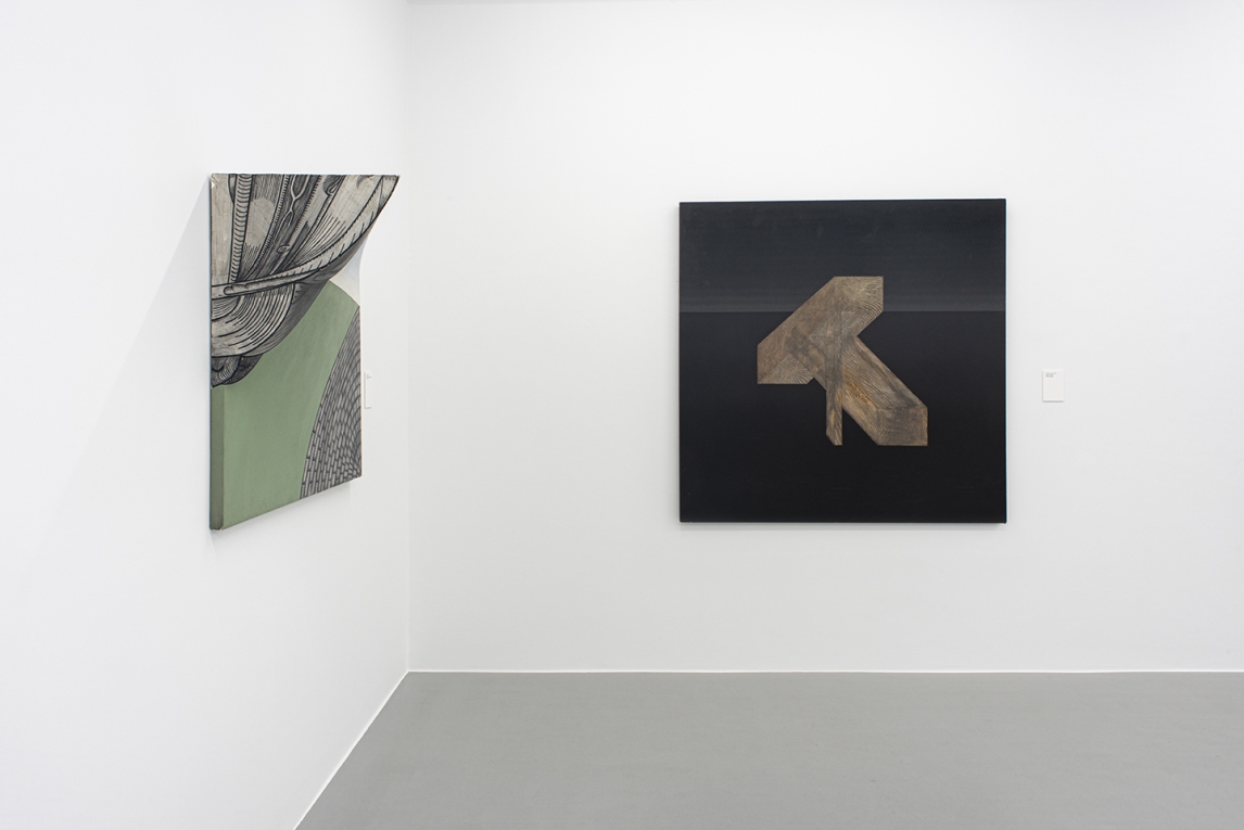 Installation image of two paintings (one which is 3-D) displayed on adjoining walls