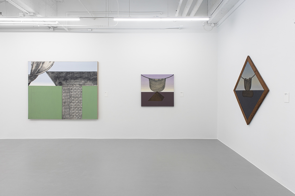 Installation image of three paintings displayed across adjoining walls, two with a basket motif