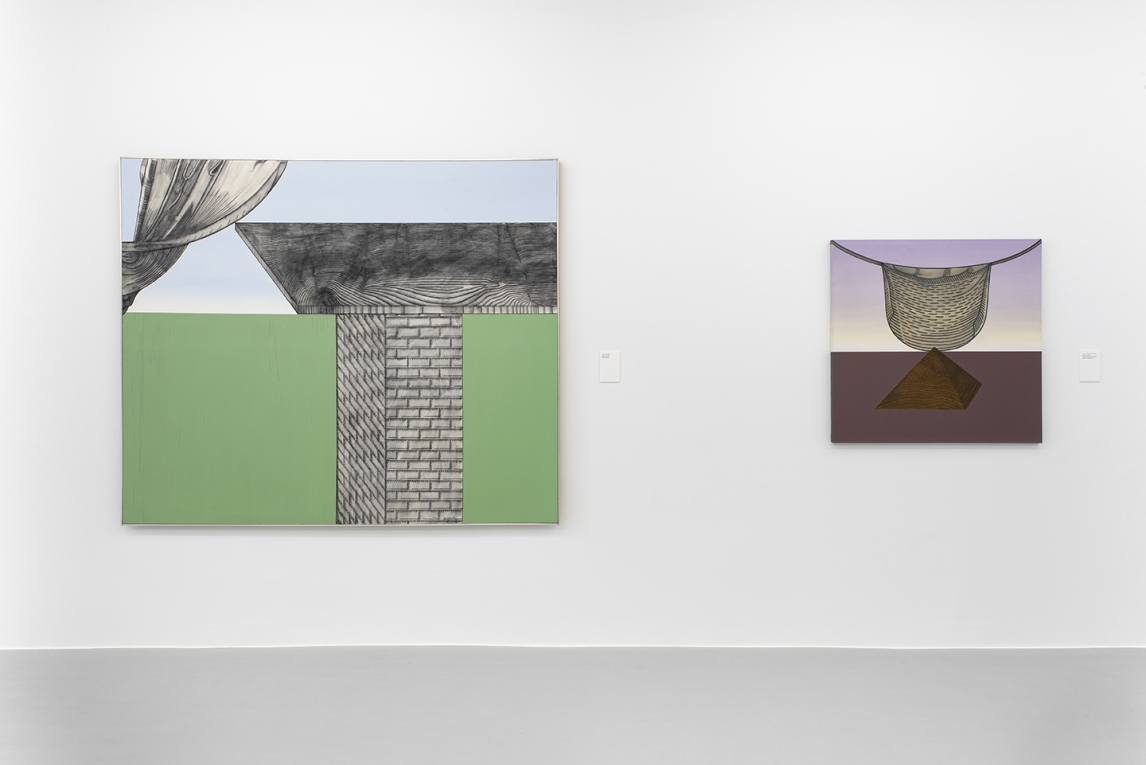 Installation image of two paintings handing next to one another, one large with brick and table image and the other with a basket and pyramid image