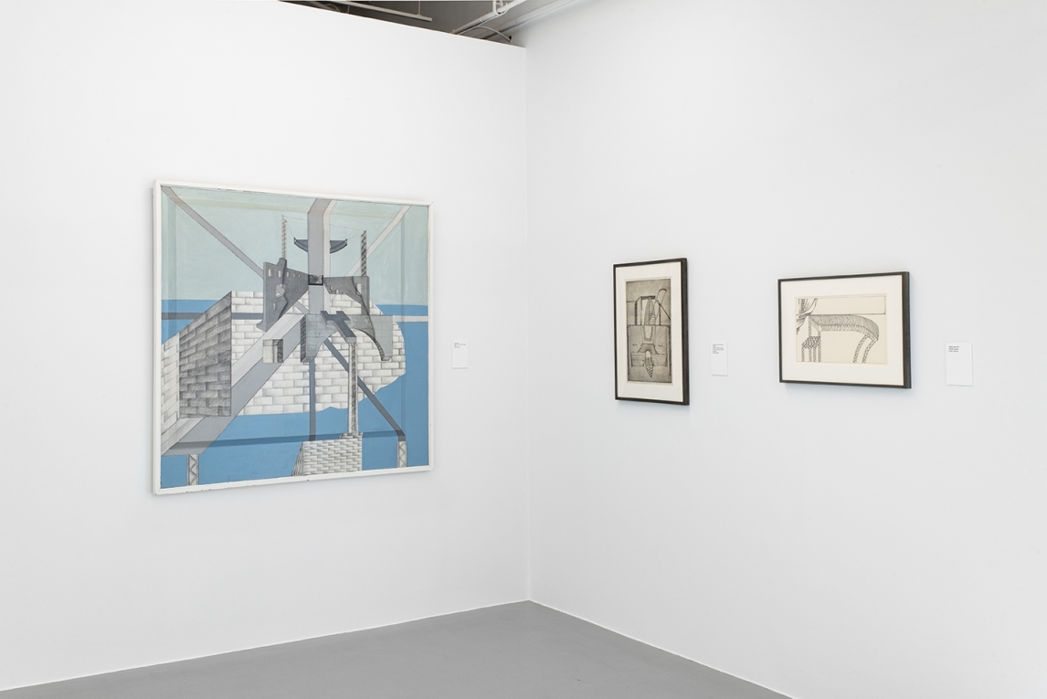 Installation image of large painting with blues on left wall and two black and white works on right wall