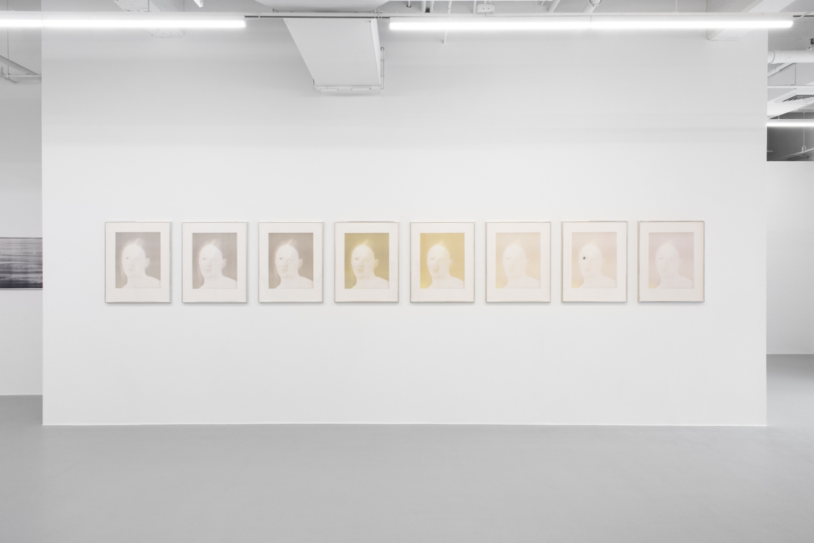 Installation view of a series of 8 images of a women with subtle changes