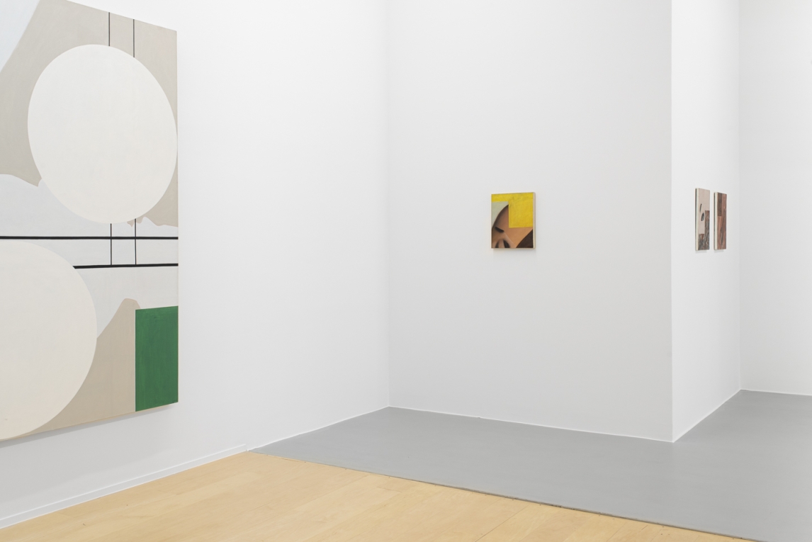 Installation view of gallery with three small paintings and on large painting on different walls