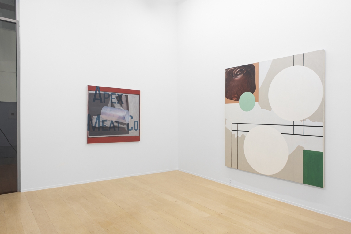 Installation view of two paintings hanging on adjoining walls