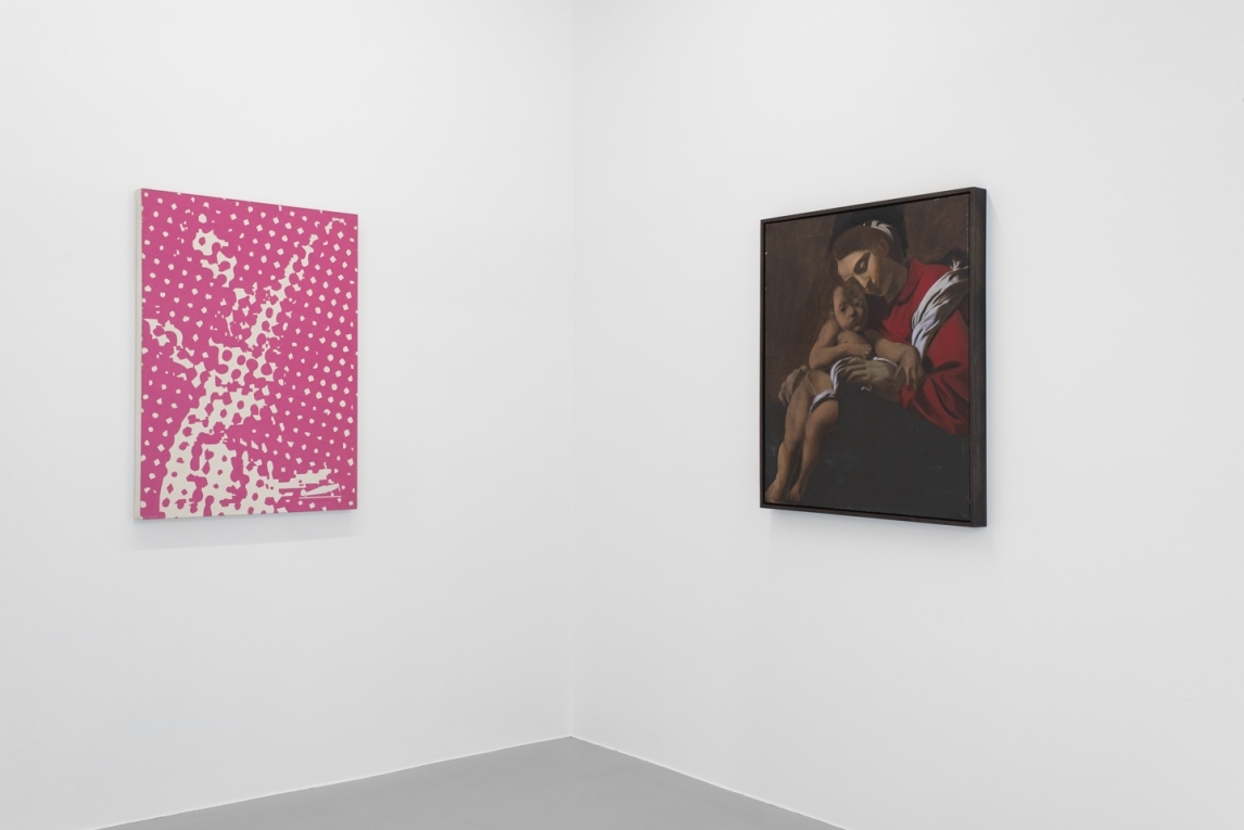 installation view of two paintings hanging on adjoining walls