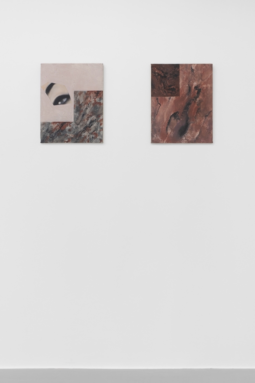 Installation view of two small paintings hanging side by side on a wall