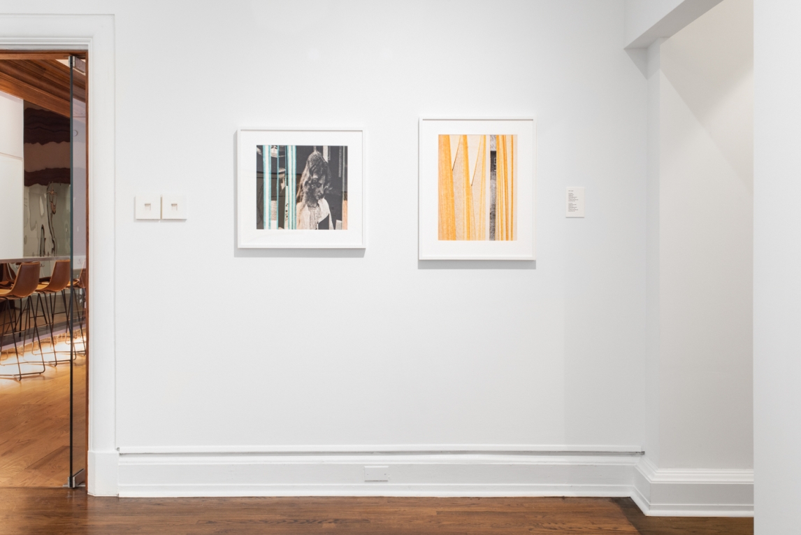 Installation view of two works consisting of color, image and text hanging side by side