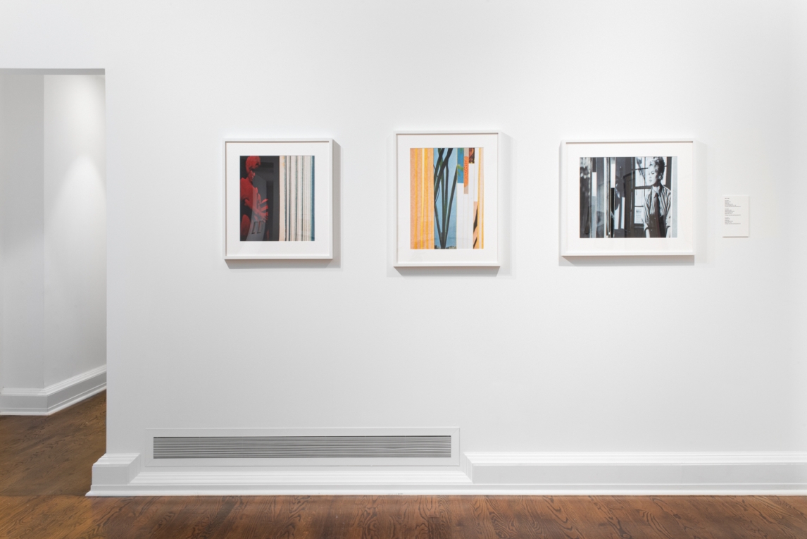 Installation view of three works hanging side by side and consist of images and colors