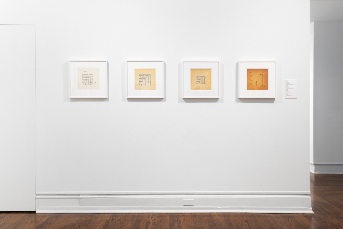 Installation view of 4 works hanging in a line consisting of different texts and tones