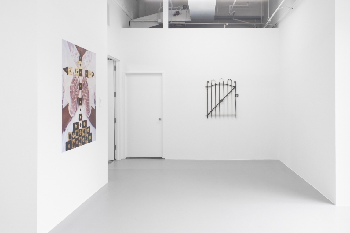 Installation view of gallery with vinyl image on left wall and an aged metal gate on wall in background